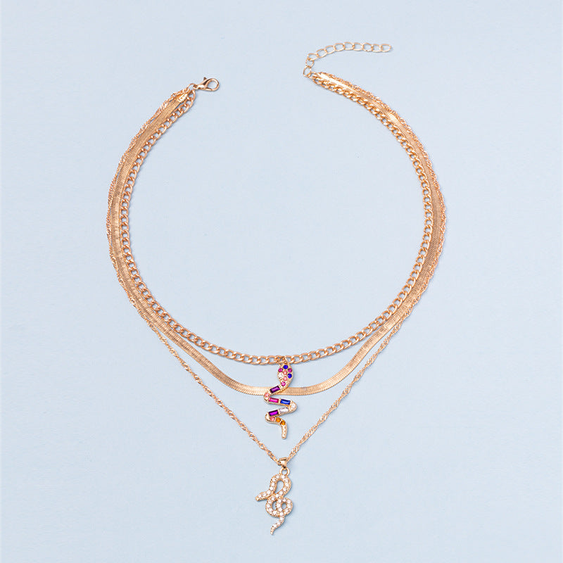 Double layer snake-shaped diamond necklace wholesale european and american cross-border pendant ins creative stylish punk thick chain clavicle chain for women