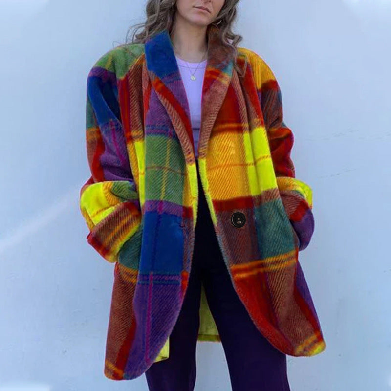 autumn european and american cross-border women's fashion: -ready long-sleeved, collared, color-blocked wool blend overcoat with print