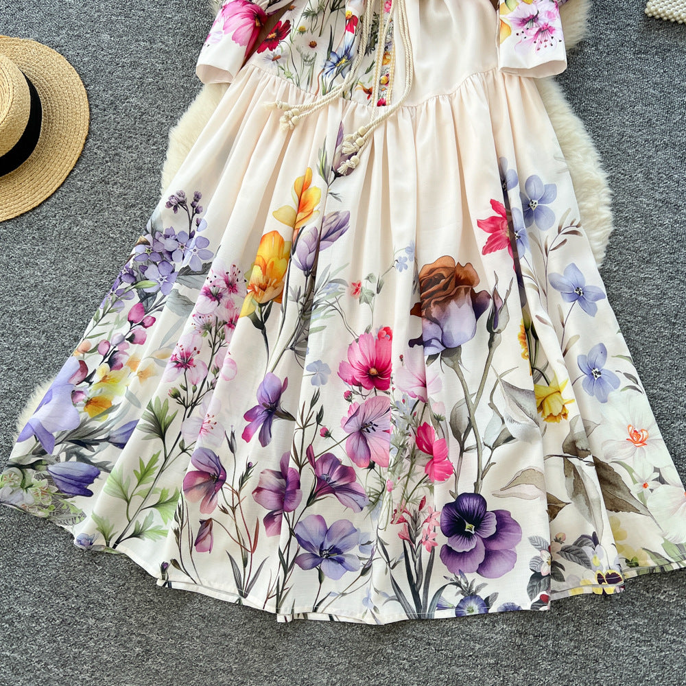 French retroelegancefashionprintingdress women's autumn clothes palace style straps waist single breasted large swing long skirt