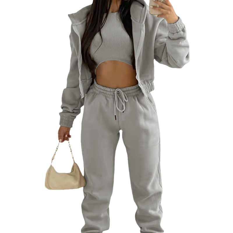 cross-border e-commerce european and american women's clothing: new summer collection - solid color casual activewear three-piece set (hoodie, sweatpants, and top)