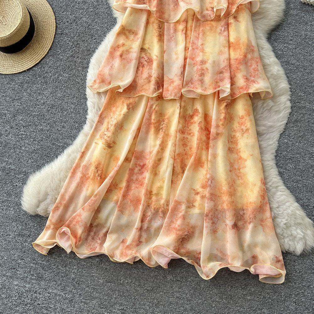 French riviera style printed cami dress - women's summer ruffle tiered dress - stunning and unique design