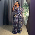 african women's clothing  summer new arrival: elegant v-neck drawstring loose plus size printed top and pants set
