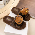 Cute leopard print hello kitty fuzzy slippers for women - new winter thick-soled design, stylish outdoor wear, warm and cozy one-strap cotton slippers