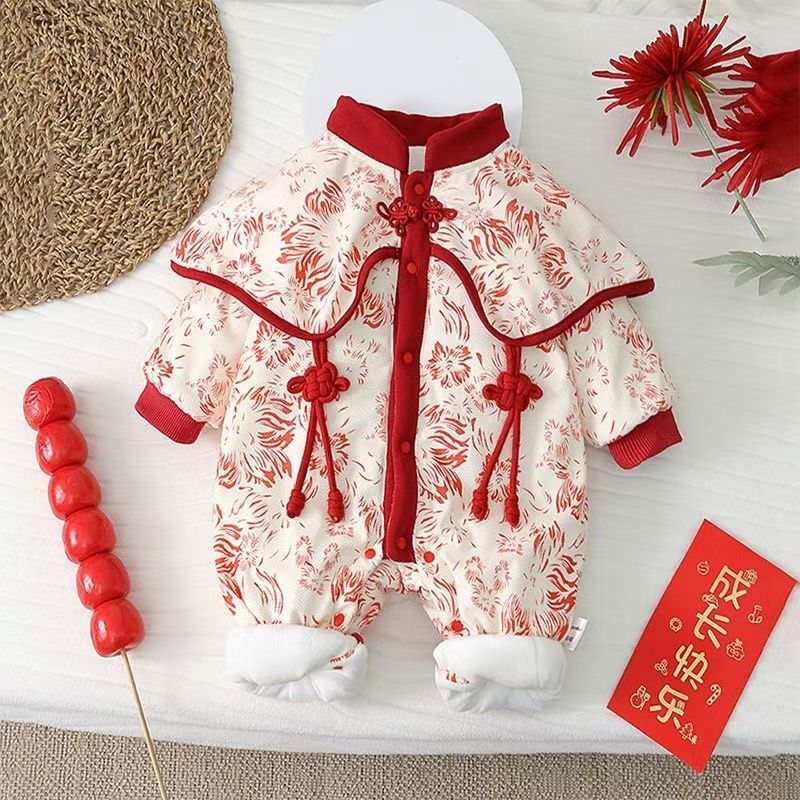 Baby winter baby girl full month fall and winter hundred days dress one-piece princess medium thick chinese style one year old outing one-piece