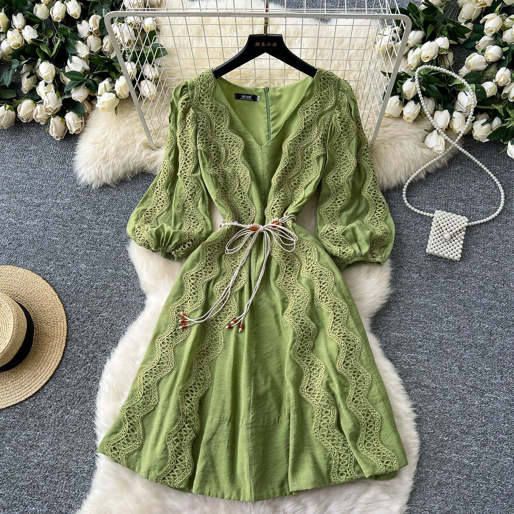 Frenchretrocut outlacepatchwork lantern sleeve slimming lookdress women's waist elegantv neckelegance midi skirt
