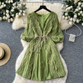 Frenchretrocut outlacepatchwork lantern sleeve slimming lookdress women's waist elegantv neckelegance midi skirt