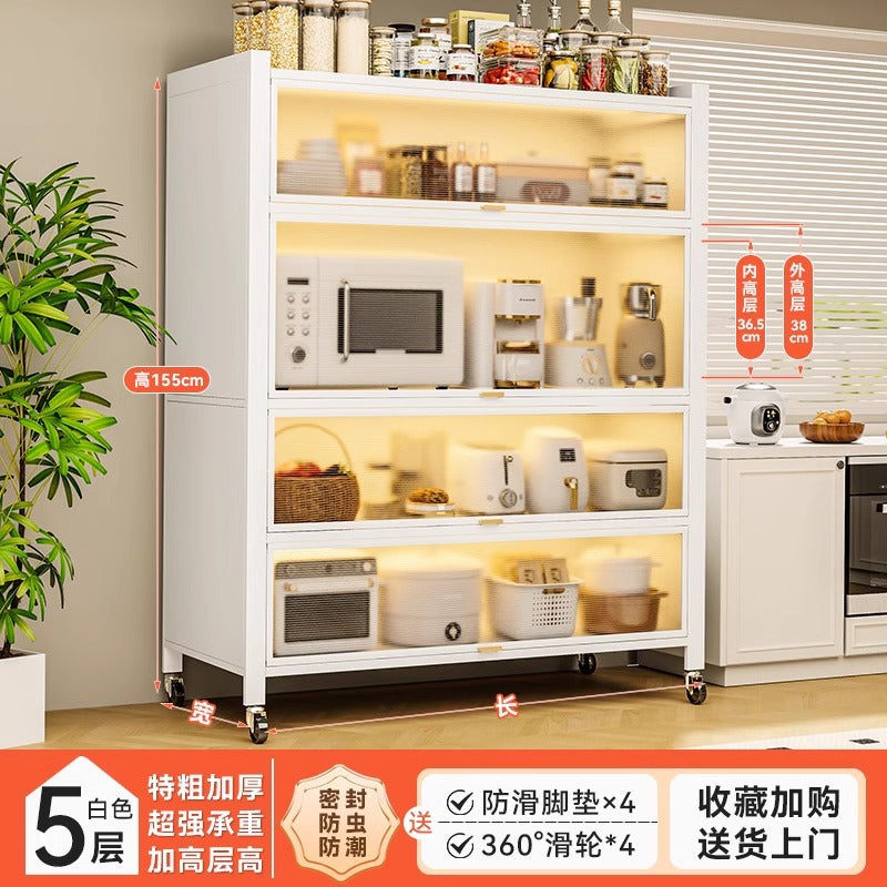 Heightened kitchen steel storage all-in-one column storage cabinet with wheels multi-layer floor-standing storage rack movable cupboard cupboard