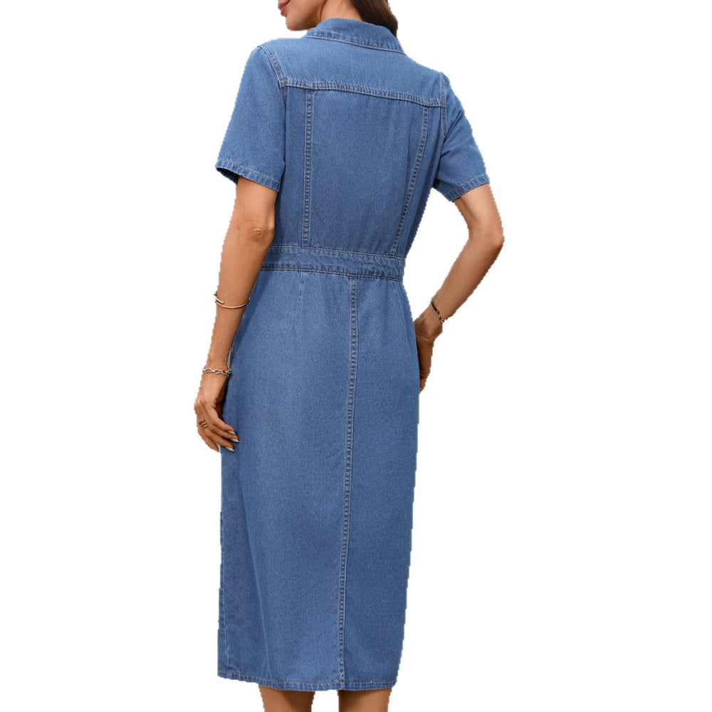 European and american cross-border foreign trade  front buttoned slit waist slimming looklong denim shirt dress for women