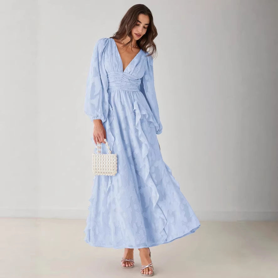 early spring new arrival: comfortable chiffon ruffle-trimmed, waist-cinching v-neck elegant maxi dress for women