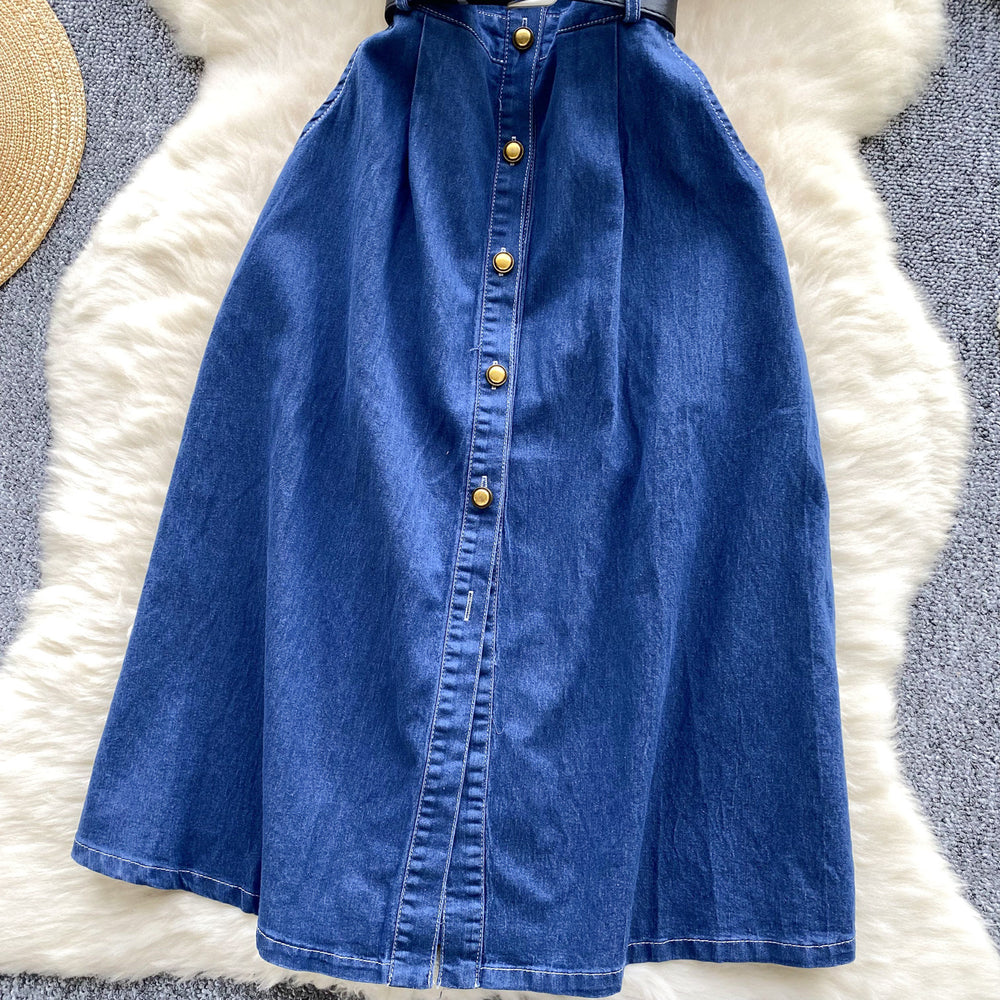 Women's summer commute fashion retro polo collar short sleeve metal single-breasted belted waist slimming denim dress