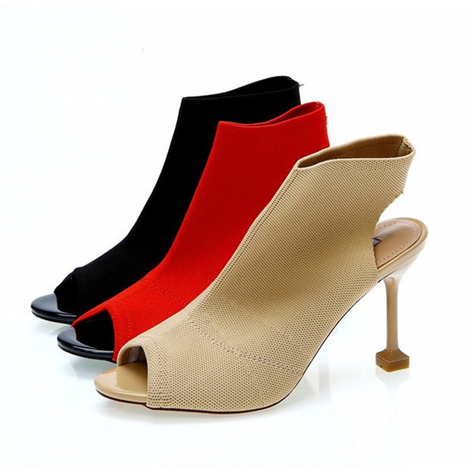 European and American fish mouth shoes open-toed sandals women's 19 summer new fine heel knitted elastic elastic Roman high heel cool boots