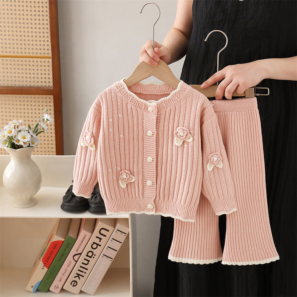 Girls' knit sweater jacket & pants set - new  collection with handmade floral accents