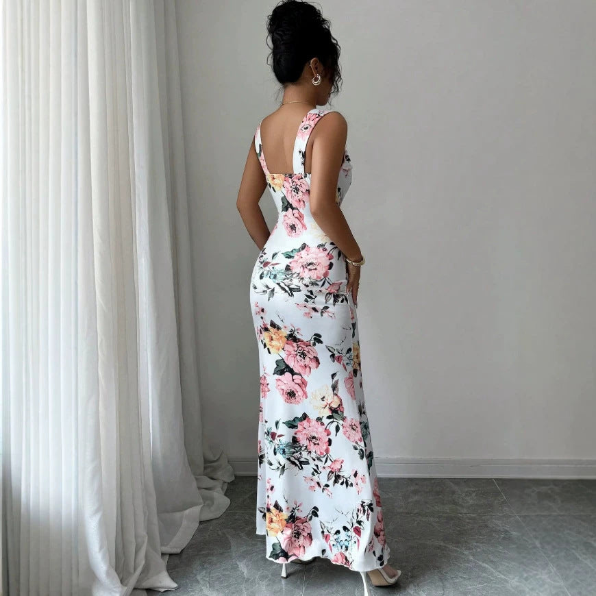 summer  cross-border e-commerce european and american women's fashion printed slim-fit slit backless camisole dress