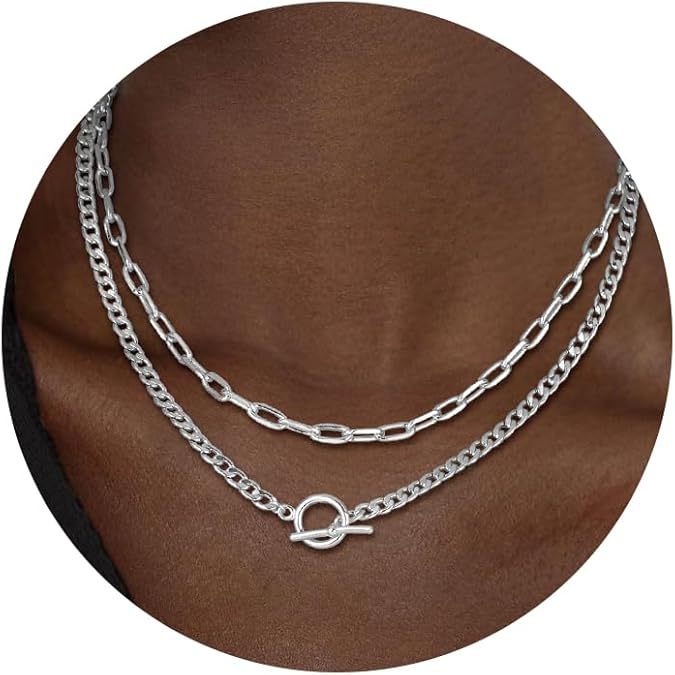 Amazon cross-border layered necklace paper clip chain double layer stacked necklace geometric ot buckle clavicle chain hip hop necklace