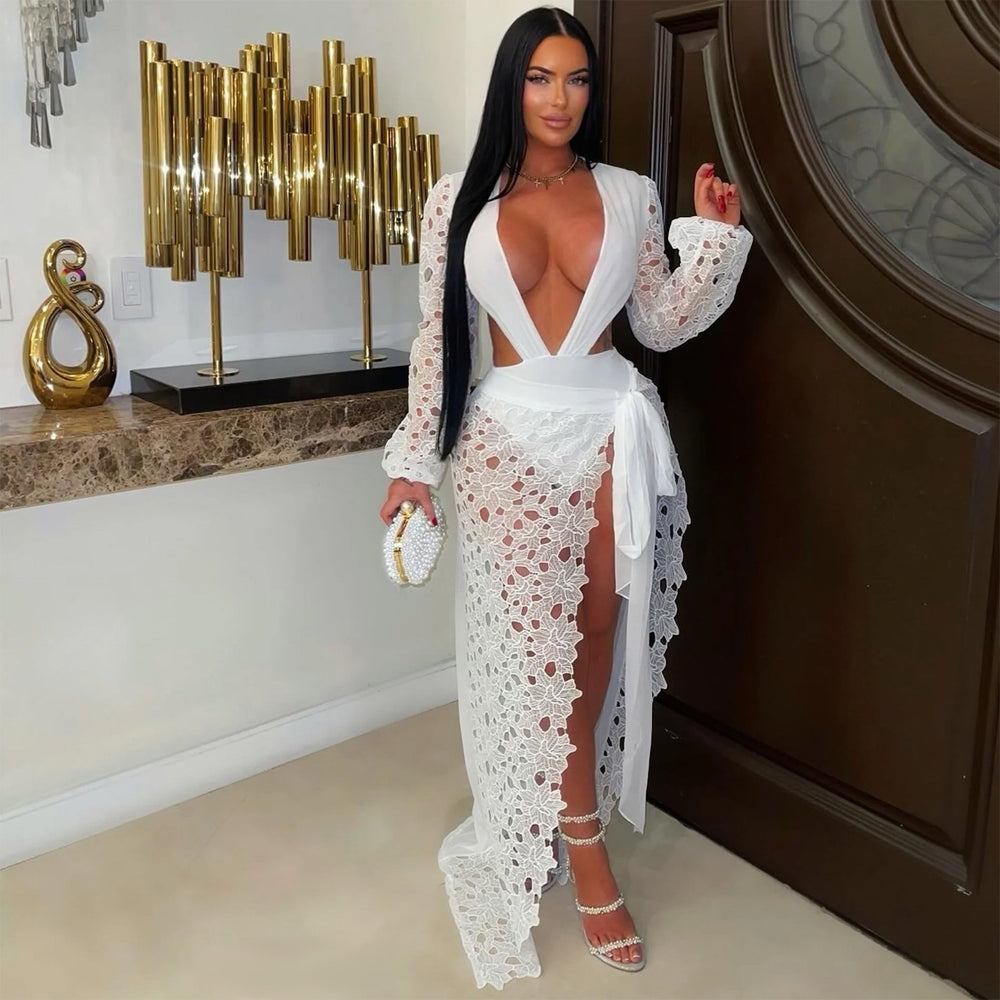 C7707 cross-border   fashion women's sexy mesh lace deep v slit dress