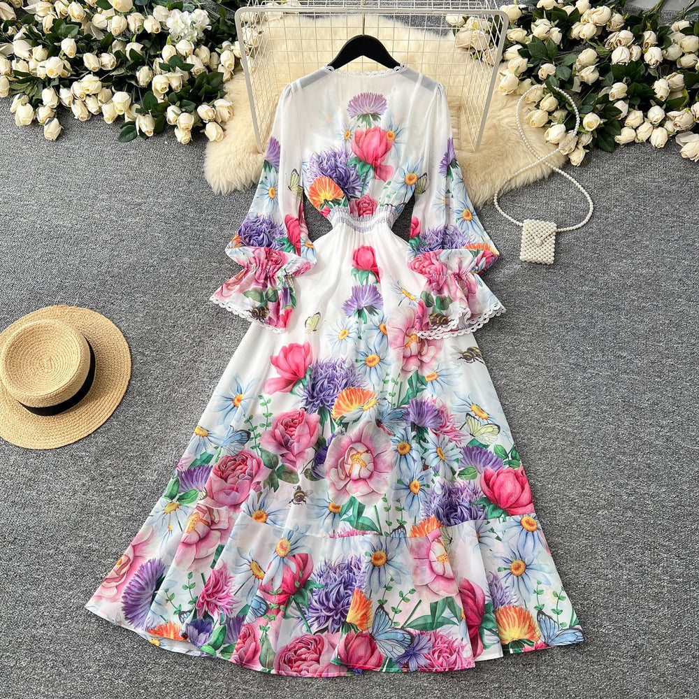 European and american niche resort style deep v-neck lace patchwork dress - women's high waist slimming ruffle hem printed maxi dress