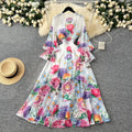 European and american niche resort style deep v-neck lace patchwork dress - women's high waist slimming ruffle hem printed maxi dress