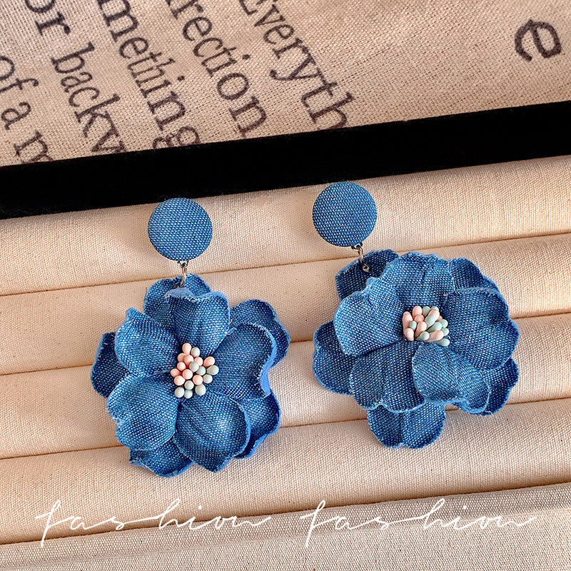 2026 spring/summer new collection: blue fabric flower earrings - french vintage, vacation-ready, statement-making, denim-inspired, and flattering