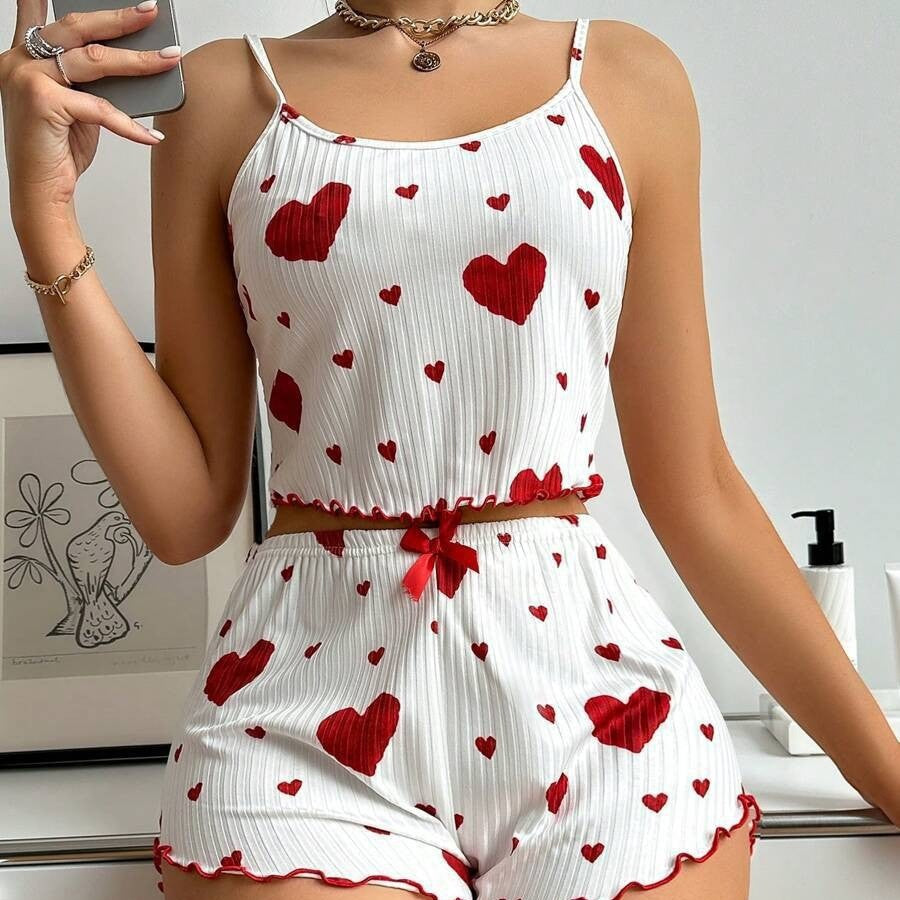 European and american style women's two-piece ribbed knit pajama set with heart print, camisole, and bowknot shorts