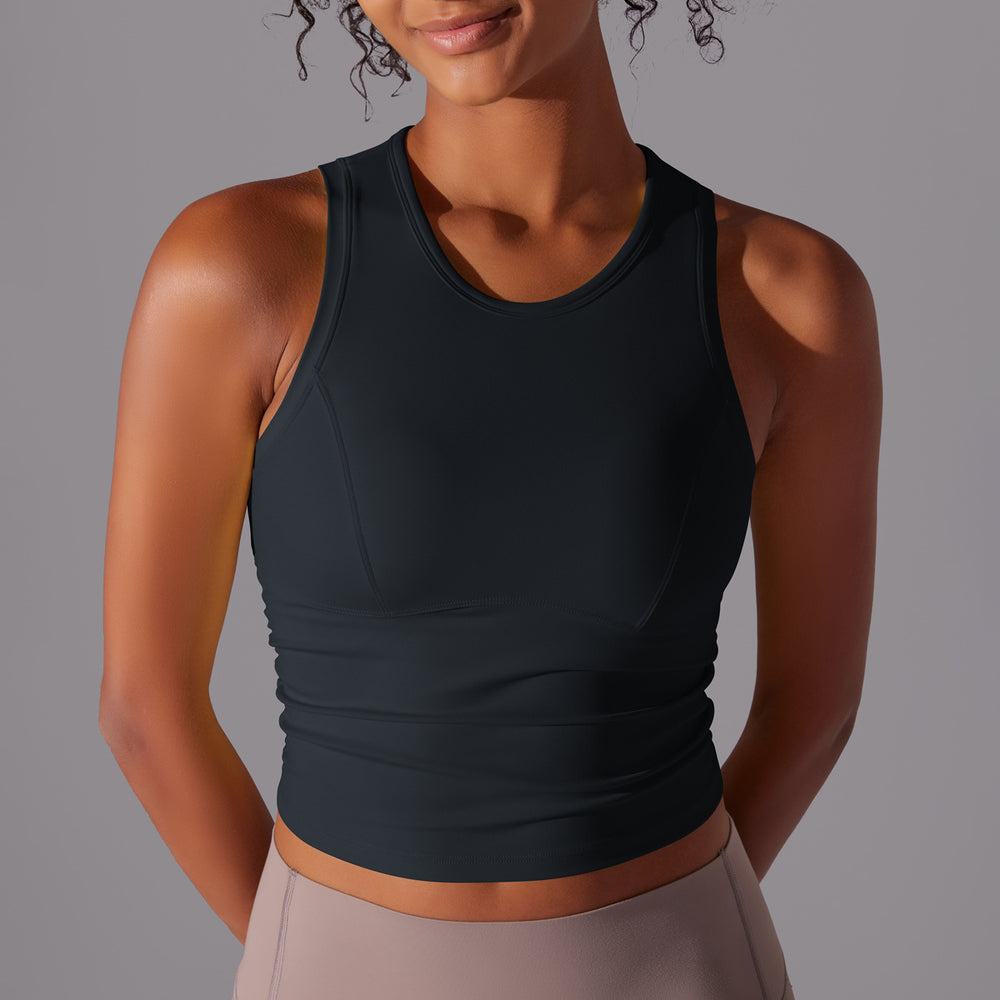 New double-sided nylon solid color slim-fit tummy control crew neck sports tank top running fitness yoga long sleeve top for women