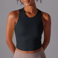 New double-sided nylon solid color slim-fit tummy control crew neck sports tank top running fitness yoga long sleeve top for women