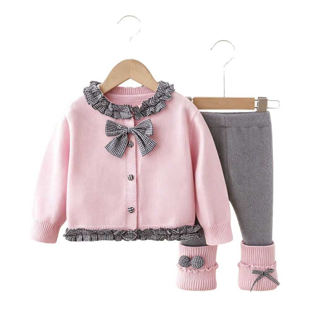 Girls' knitted cardigan and leggings set - new  spring/autumn collection - plaid bowknot cardigan sweater with scrunch socks