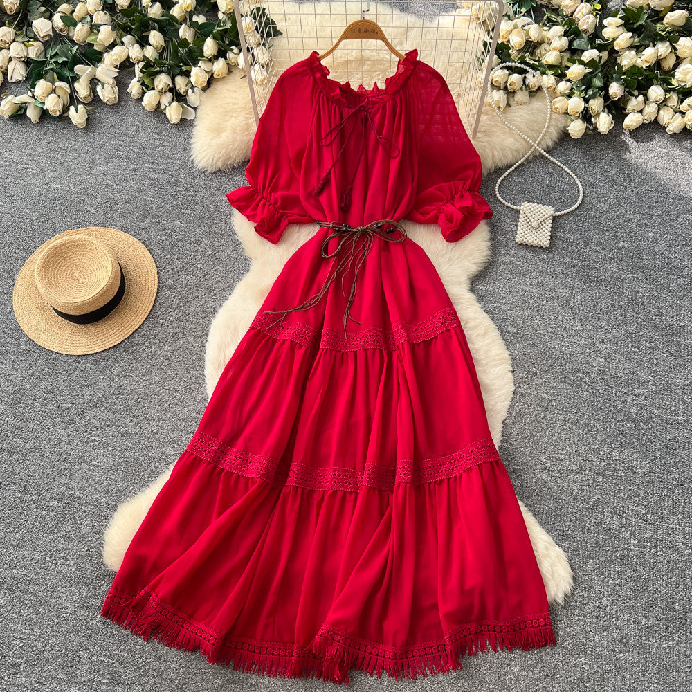 French red puff sleeve commuter short-sleeve dress - women's summer slimming a-line tassel cake dress