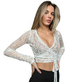 European and american cross-border women's fashion:  summer new arrivals - stylish solid color sexy v-neck tie-up long sleeve cropped t-shirt top