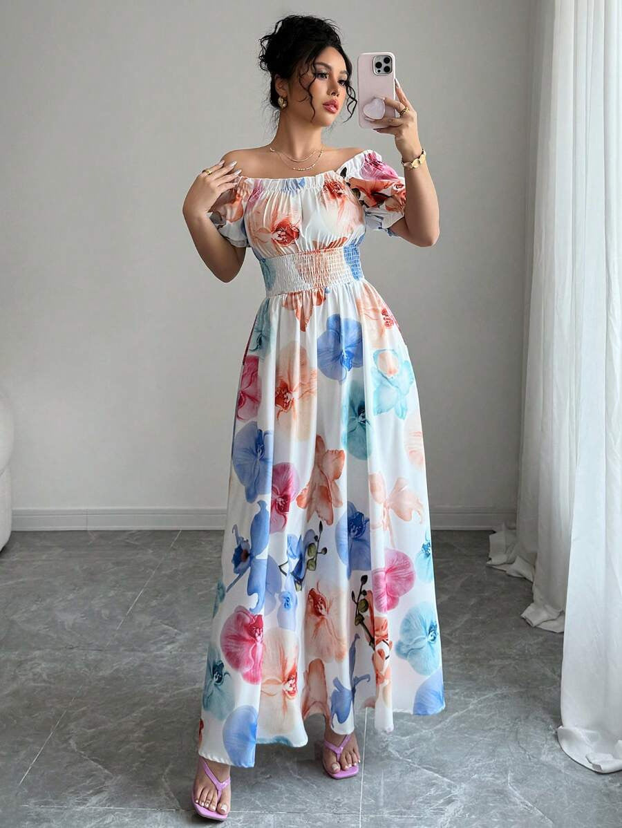 summer  fashion new arrival puff sleeve high waist waist printing women's large swing suspender dress