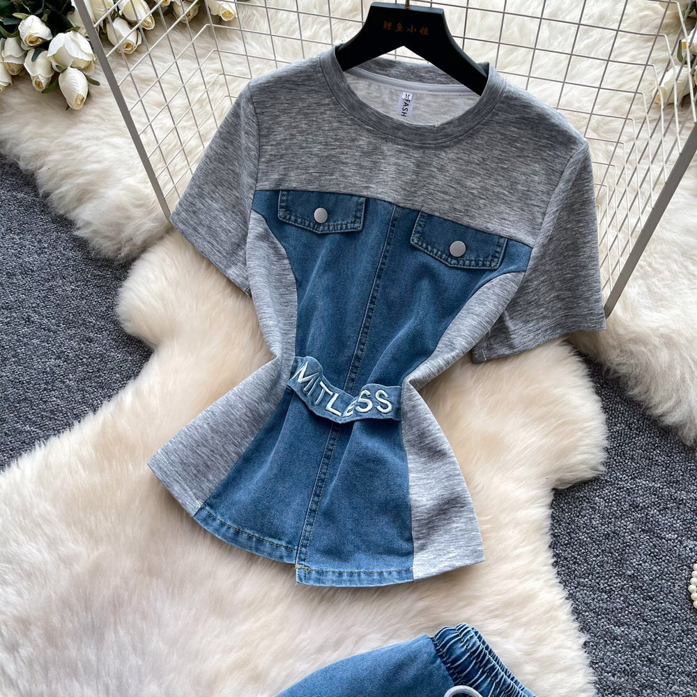 Hong kong style retropatchwork short-sleeved denim suit women's summer daily casualstraight-leg pants two-piece setslimming look outfit