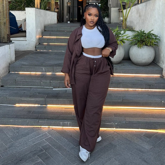 European and American large size casual high waist striped long-sleeved cardigan shirt trousers African foreign style women's loose two-piece set women