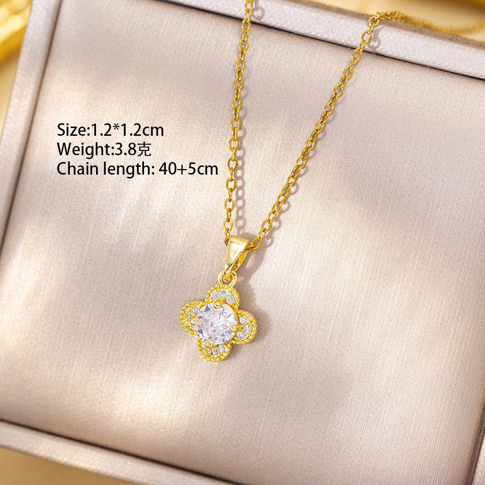 Copper inlaid zirconium four-leaf clover necklace for women, titanium steel real gold plating popularinsfashion flower exquisite sweater chain jewelry