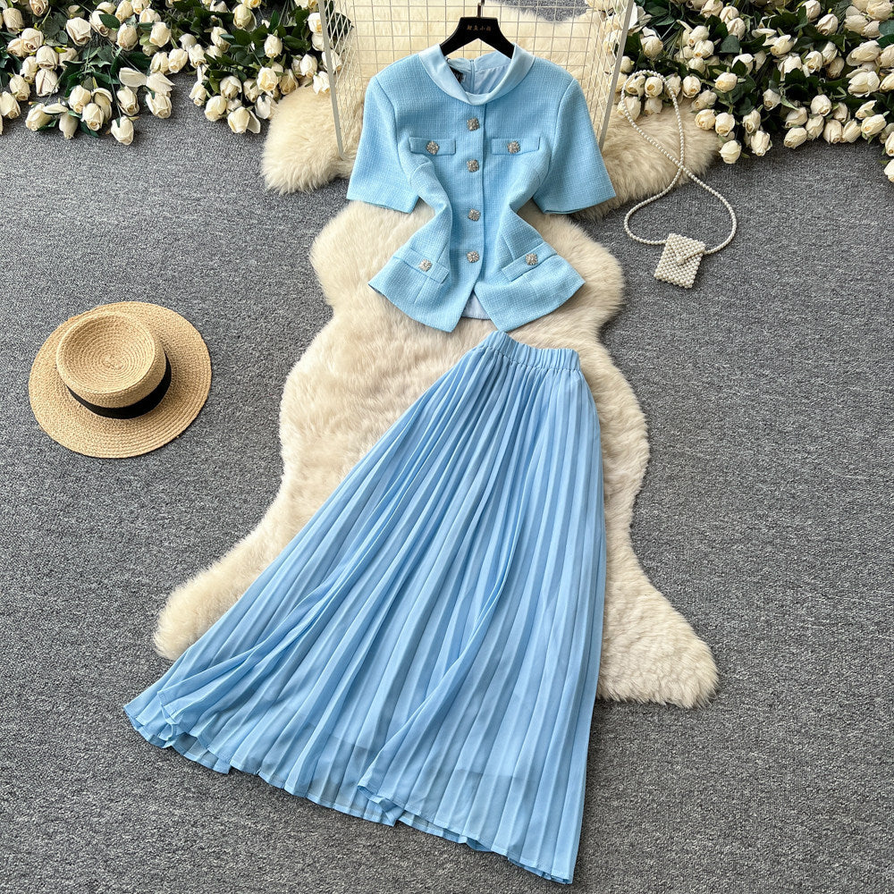 export tweed style short-sleeved stand-up collar topspleated skirttwo-piece setfemale spring and summerwork clothingeleganceelegantsuit