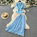 export tweed style short-sleeved stand-up collar topspleated skirttwo-piece setfemale spring and summerwork clothingeleganceelegantsuit