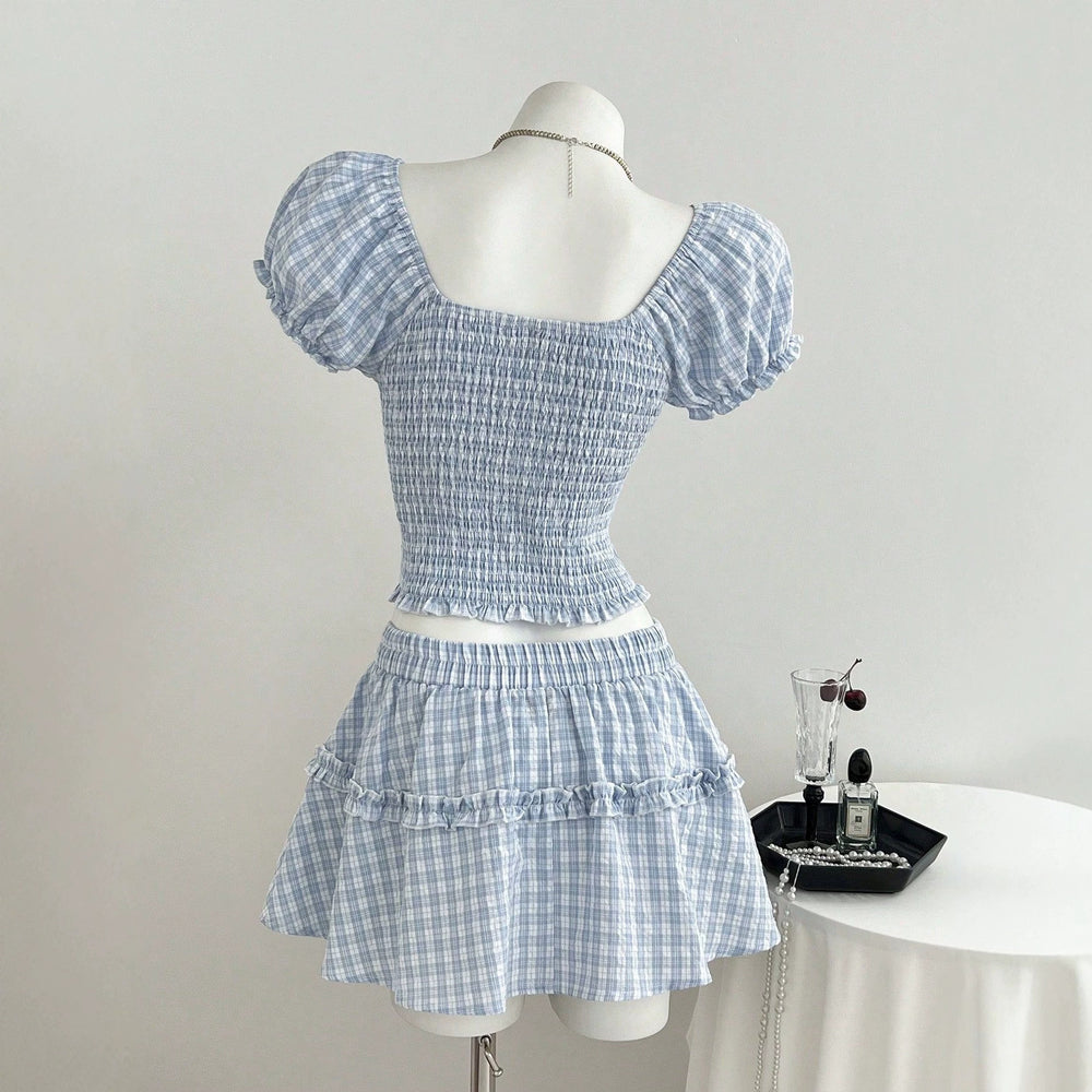 In-stock - 95333#  cross-border summer women's plaid puff sleeve blouse & a-line skirt two-piece set