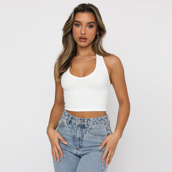 2025 summer ins solid color slim-fit short sleeveless top women's  European and American V-neck halter neck small vest