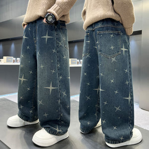 Boys' denim jeans: new spring/autumn collection - stylish, relaxed fit, wide-leg trousers for older boys and teens. trendy and cool