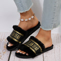 European station 2024 fall/winter new collection: printed letter fuzzy slippers - women's outdoor/indoor warm one-strap cotton slippers, trendy style