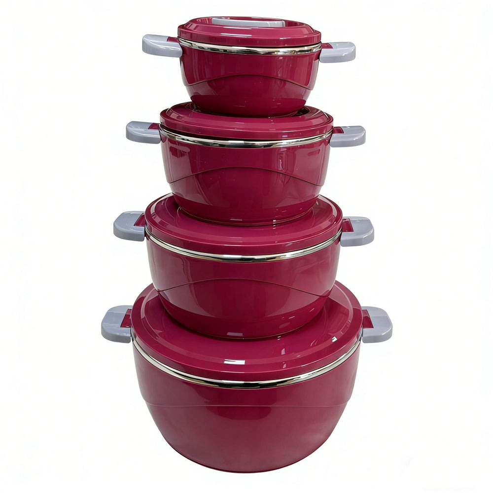 Food warmer four-piece set: insulated lunch box with plastic shell, stainless steel interior, and food warmer bucket