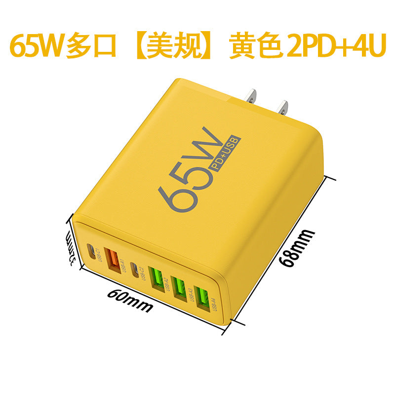 65w fast charging adapter with 2 pd ports + 4 usb ports, multi-port charger, compatible with huawei and apple fast charging, eu/us/uk plug options