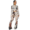 C7770 cross-border  new printed mesh see-through long-sleeved short top and slightly flared pants slimming look hot girl two-piece set