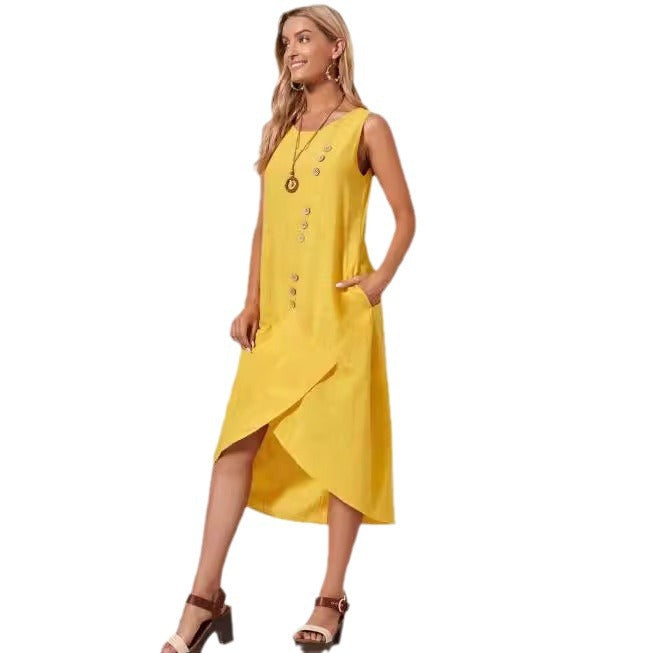 european and american cross-border  new women's cotton linen solid color loose short sleeve asymmetrical maxi dress