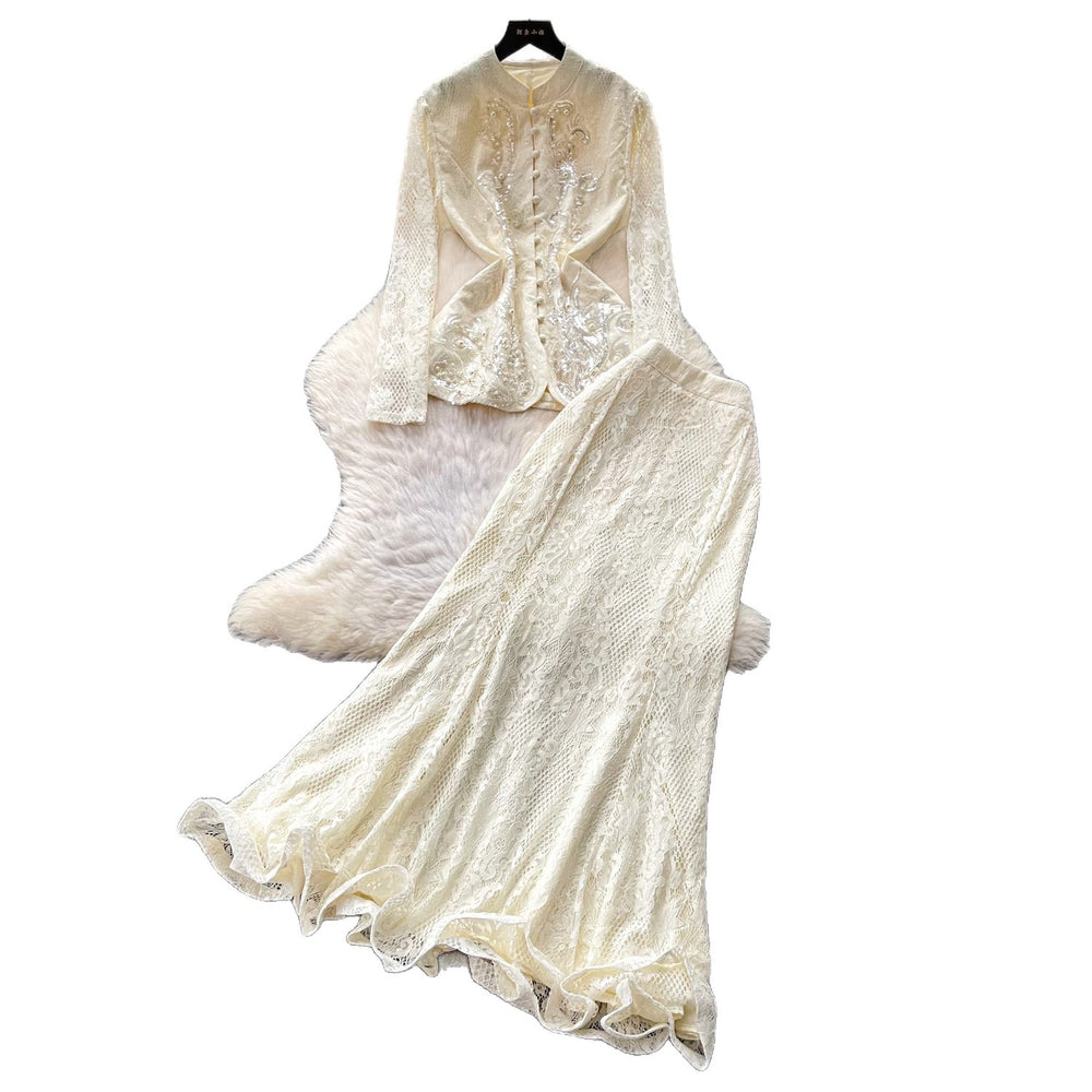 French chic beaded v-neck lace two-piece set - women's spring/autumn tie-waist cutout high-end slim fit outfit