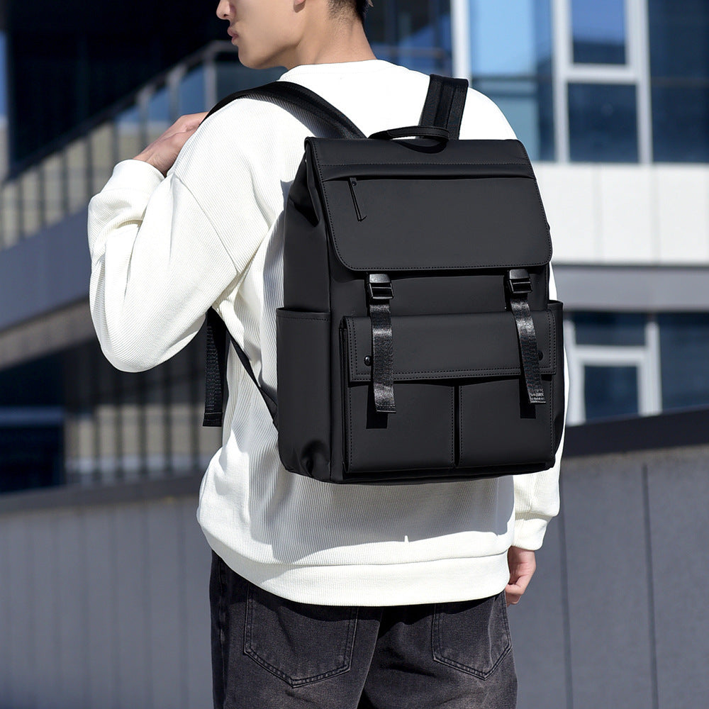 New leather film solid color locomotive gender neutral large cover backpack Japanese and Korean casual style shoulder backpack