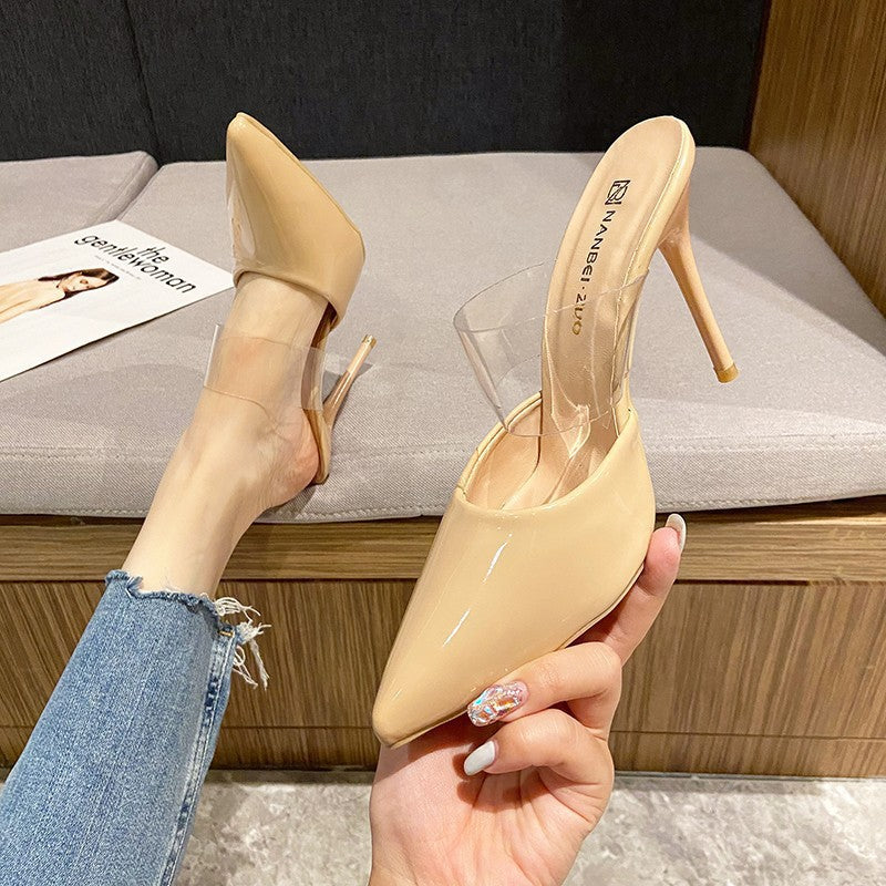Plus size slippers 2025new arrivalk-style high-heeled sandals, thin-heeled one-line transparent strap toe-cap half-slippers outwear slippers