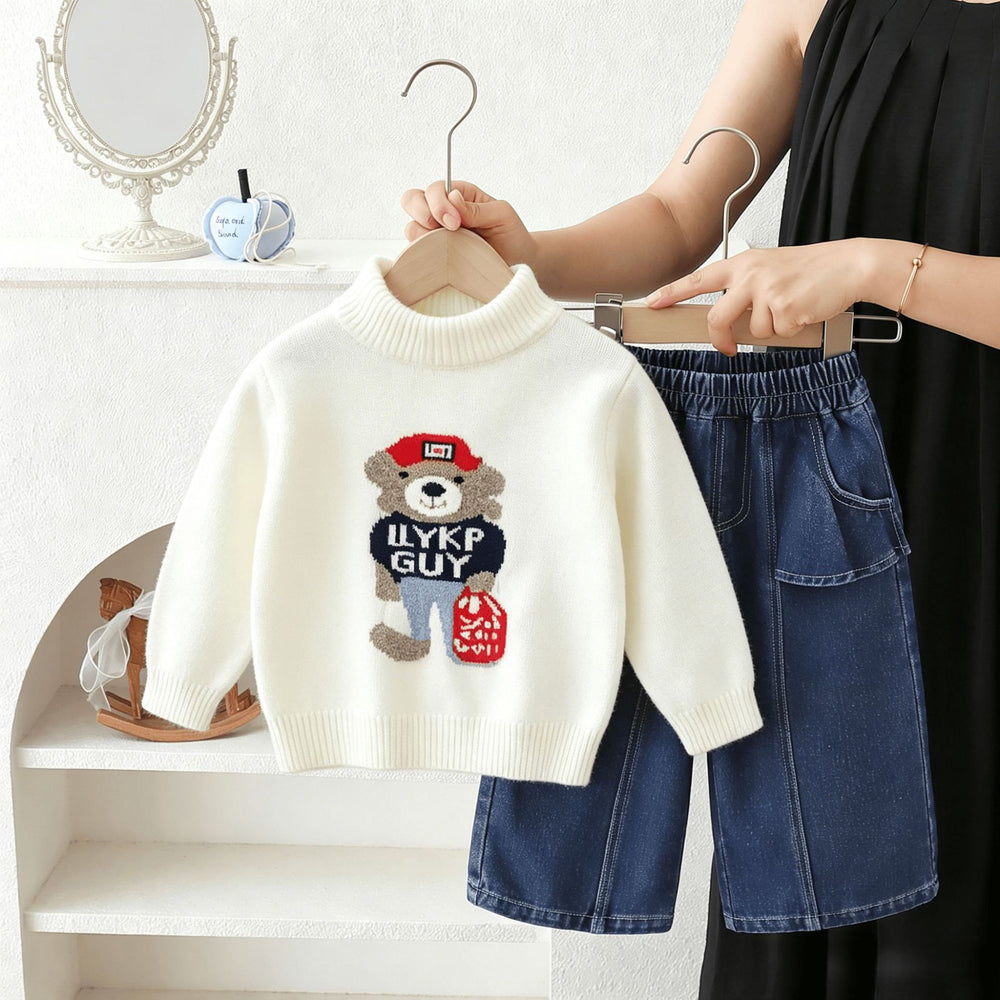 Kids' crewneck knit sweater & cartoon bear denim pants set - new  collection