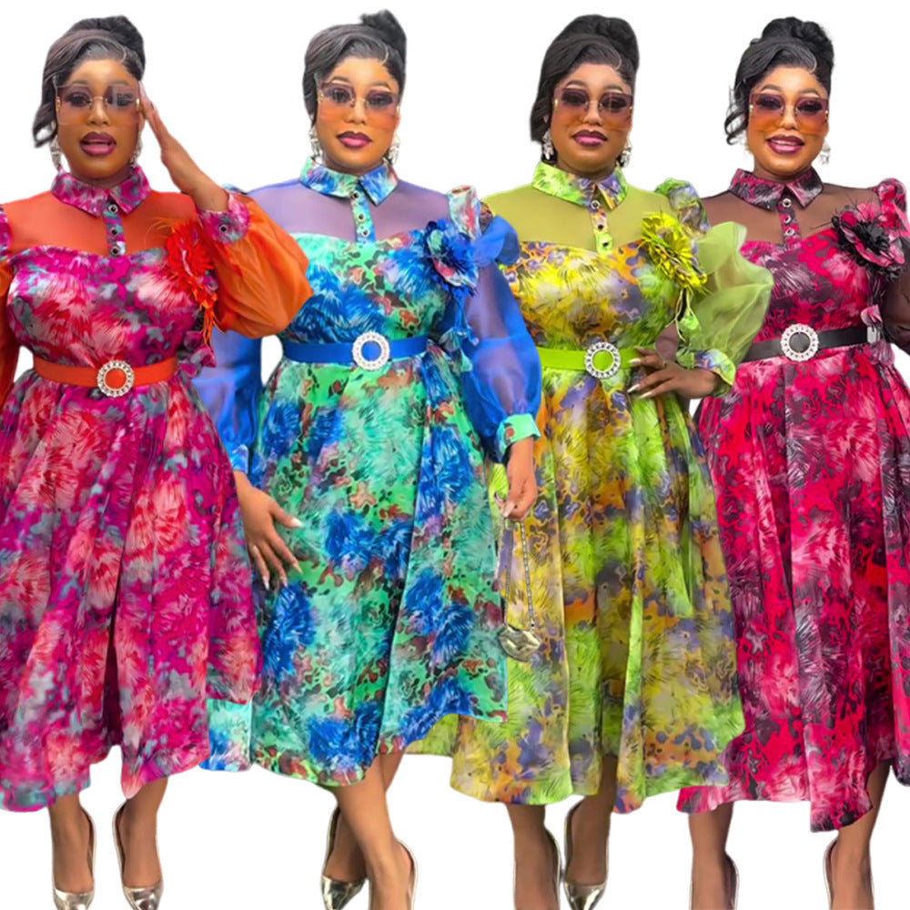 Amazon plus size women's fashion european and american cross-border e-commerce  new spring/summer colorful tie-dye print dress