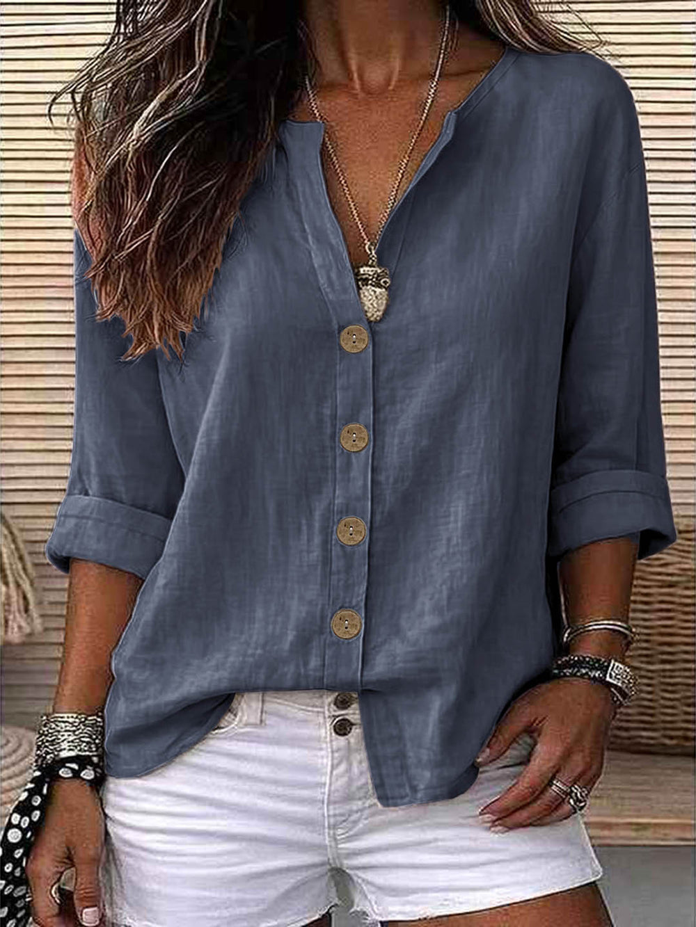 Exclusively for us & european cross-border e-commerce:  autumn beige cotton linen shirt - relaxed fit, v-neck, roll-up sleeves, mid-length top