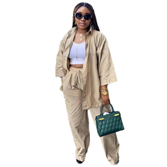 European and American fashion large-size women's clothing solid color casual suit cardigan shirt lace-up trousers African new two-piece set summer