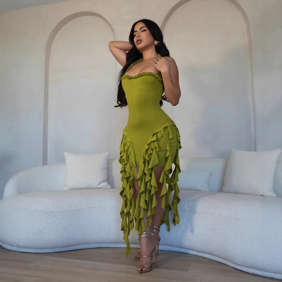 European and american new arrivals  women's sexy halter neck sleeveless open back asymmetrical tassel dress - export quality